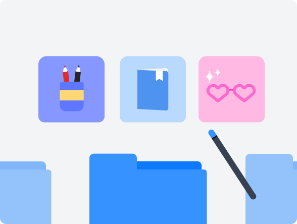 여러가지 상품들을 여러 폴더 중 하나에 담으려는 이미지. 요술 지팡이를 통해 적절하게 상품을 선택할 수 있을 것 같습니다.